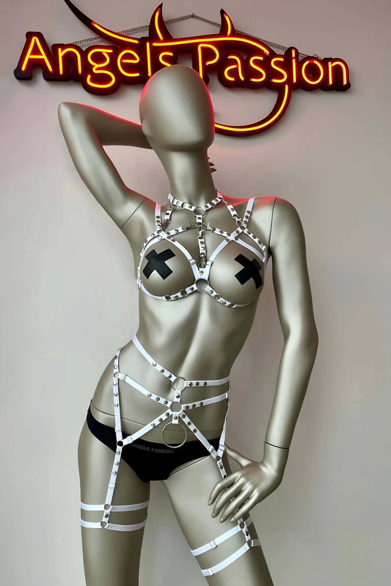 White Studded Full Body Harness Close Up