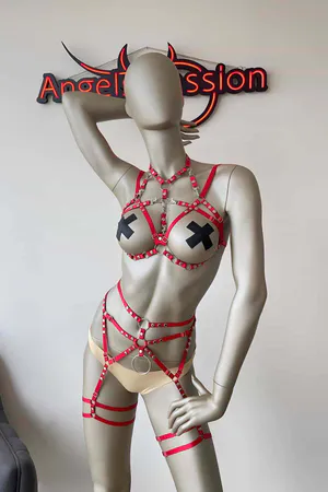 Red Body Harness Set with Silver O-Rings and Garter Straps Faux Leather