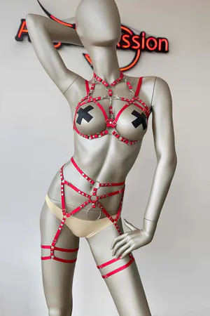 Red Body Harness Set with Silver O-Rings and Garter Straps Faux Leather