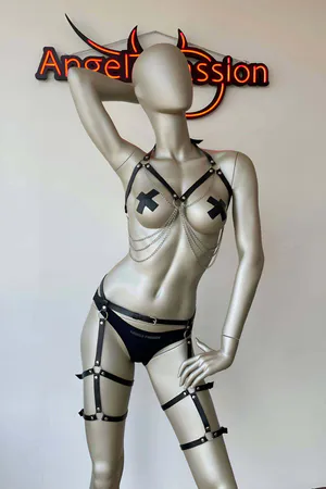 Black Faux Leather Full Body Harness with Chest Chains and Thigh Garters
