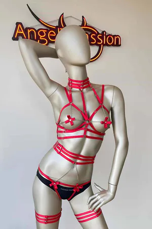Red Strappy Body Harness with Chains & Bows Full View