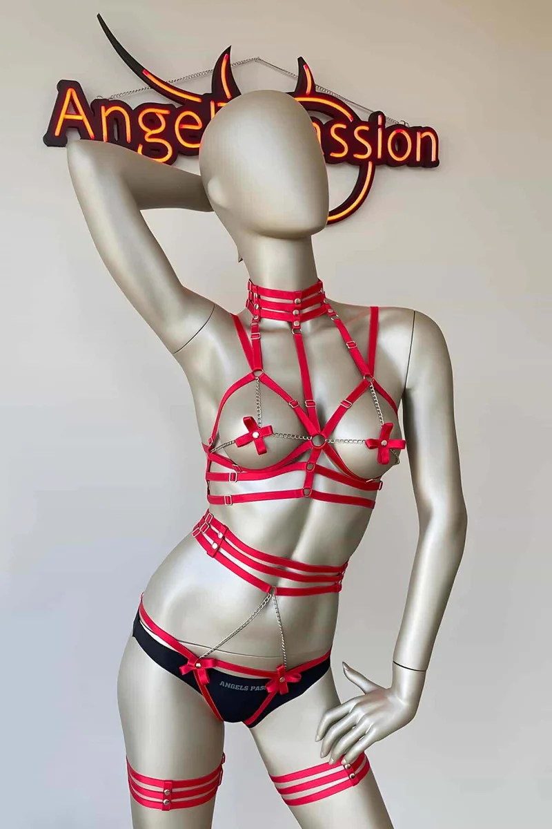Strappy Red Vegan Leather Harness Side View