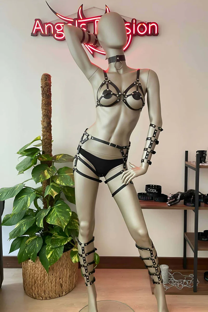 Black vegan leather cage bra harness set