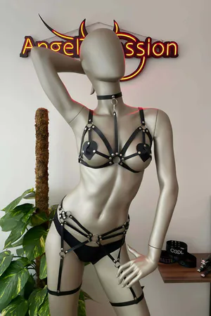 Black Vegan Leather Full Body Harness Set Heart Pasties Garters