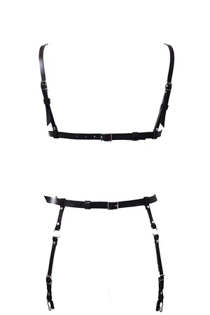 Black Faux Leather Chest Harness and Garter Belt Set with Silver O-Rings