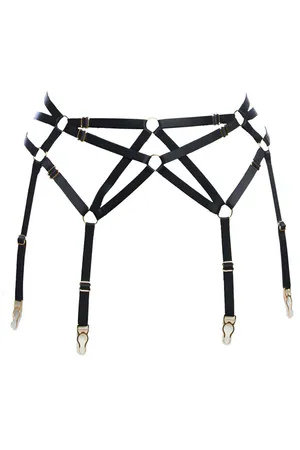 Black faux leather strappy garter harness with O-ring accents