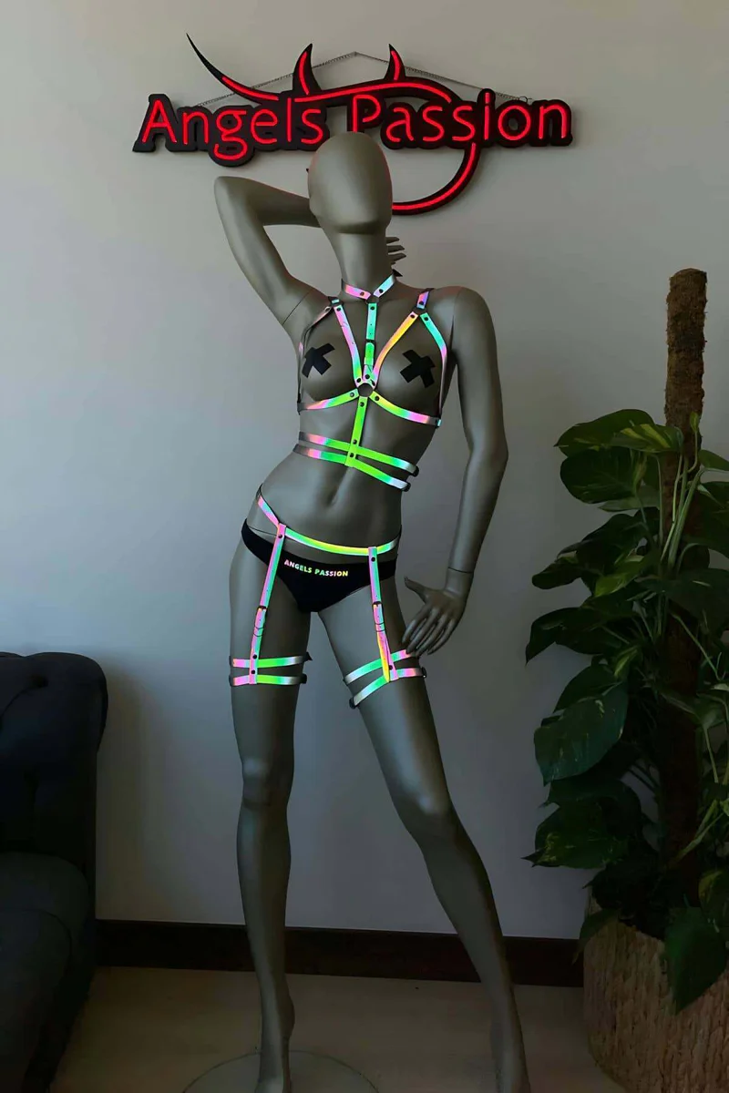 Reflective Rainbow Body Harness with Leg Garters Side Profile Silver O-Ring Detail
