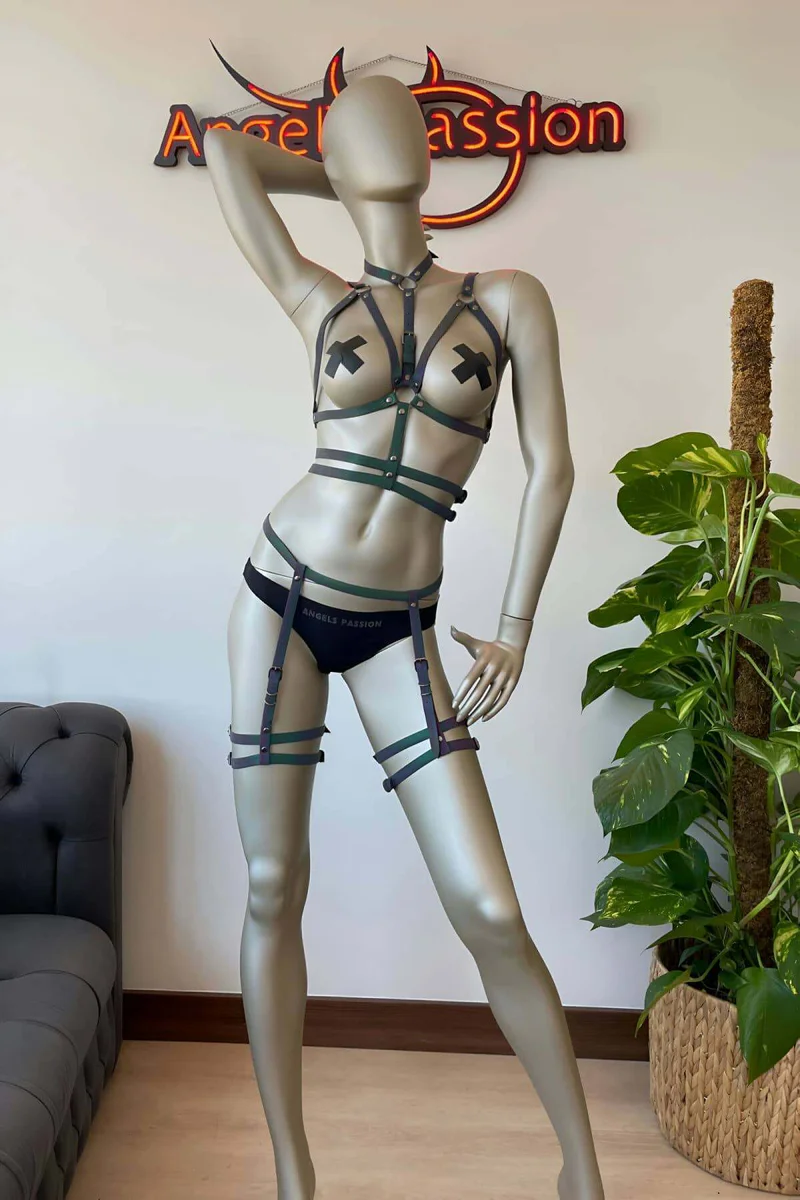 Festival Harness Outfit Back View Crossed Shoulder Straps Reflective Rainbow Body Harness with Leg Garters