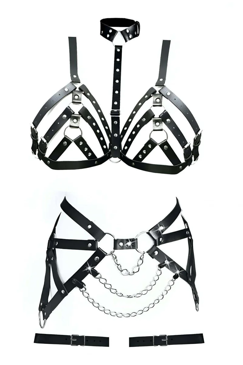 Black studded faux leather harness lingerie featuring a