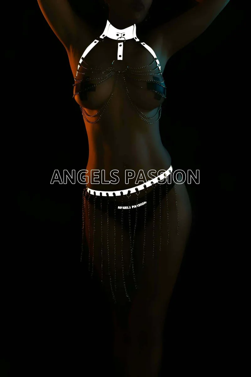 White Faux Leather Body Harness with Cascading Silver Chains - 7