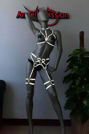 White Reflective Full Body Harness Women Cross-Back Straps Thigh Bands