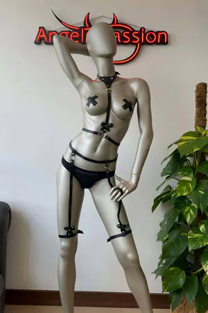 Black Faux Leather Full Body Harness Set with Bow Details