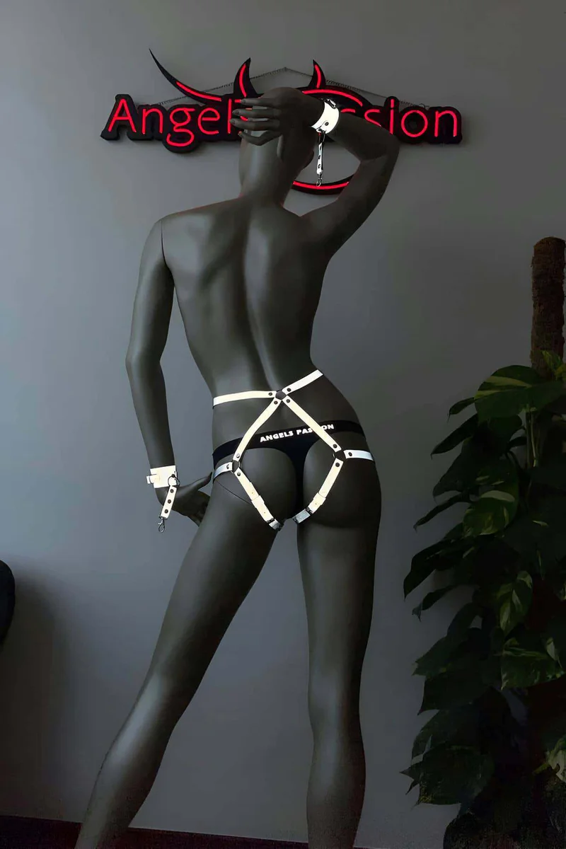 Back view of adjustable white reflective body harness with straps