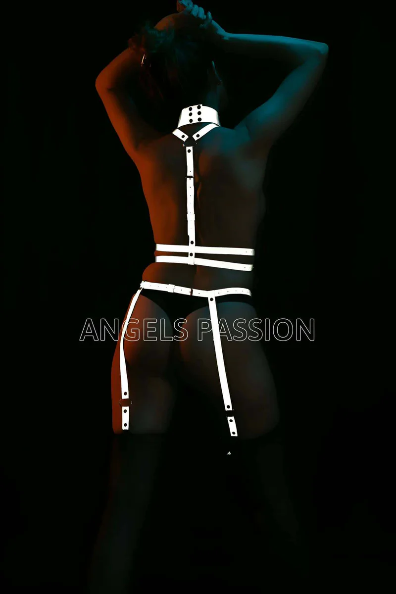 White Faux Leather Harness Front Close-Up Reflective Strips with Detachable Chain Leash on Model