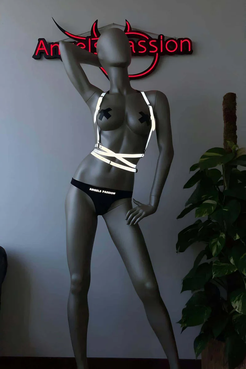Beyaz Reflektörlü Harness Bralet Kadın Ayarlanabilir Çapraz Bant Detaylı