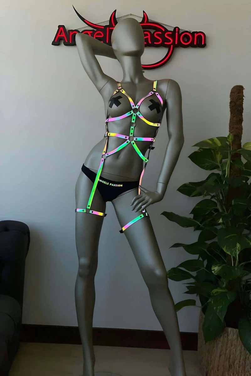 Full Body Harness Side Profile Violet Reflection Under Light with Thigh Straps and Rainbow Accents on Mannequin
