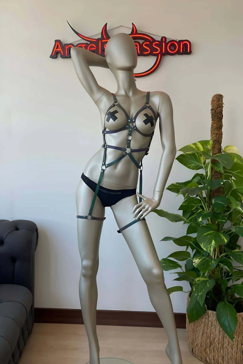 Reflective full body harness with thigh straps in black and silver, festival outfit featuring crisscross design and