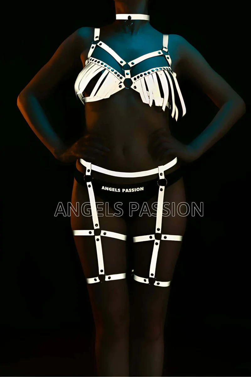 Reflective Full Body Harness with Silver Fringe Bra and Garter Straps Women Adjustable D-Ring Closure