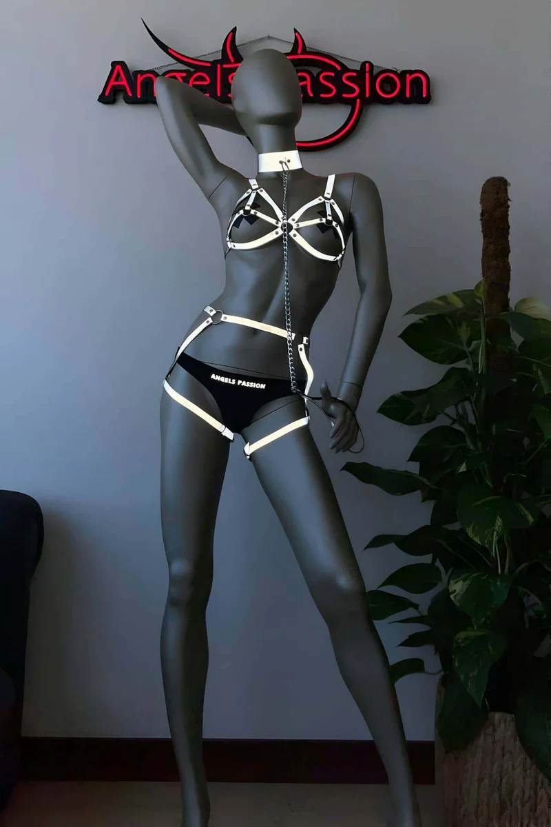 Side Profile Reflective Harness Worn with Garters and Chain Leash in Silver and Black Lingerie Set