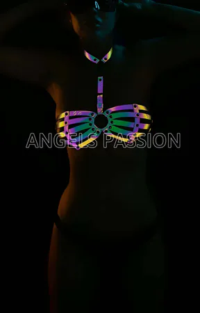 Iridescent Reflective Caged Chest Harness Top Women Purple Teal Gold Glow