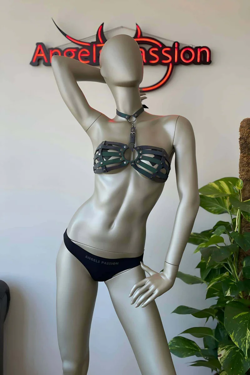 Festival Harness Outfit Iridescent Top With Matching Choker Accessory in Black and Silver Metallic Straps on Mannequin