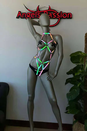 Iridescent Reflective Full Body Harness Women Purple Green Cross-Back Straps