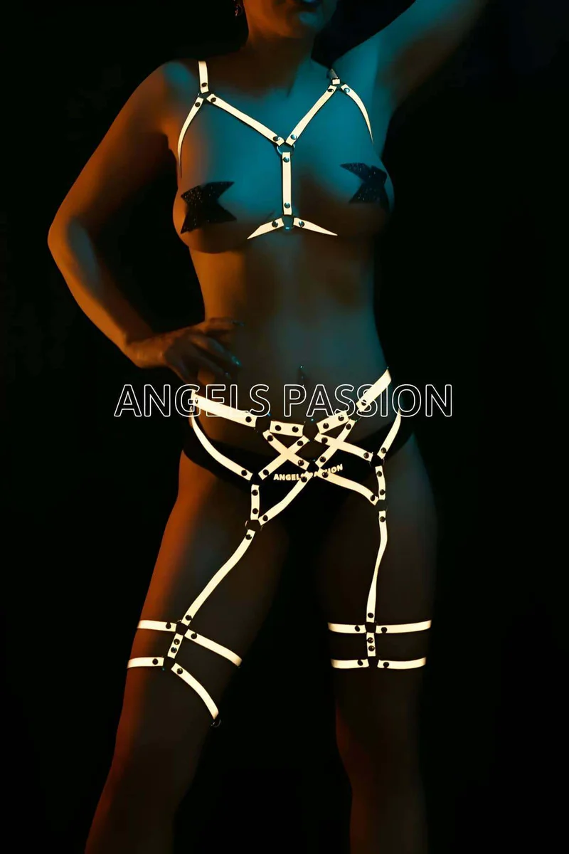 White Reflective Full Body Harness Women Adjustable Garter Straps
