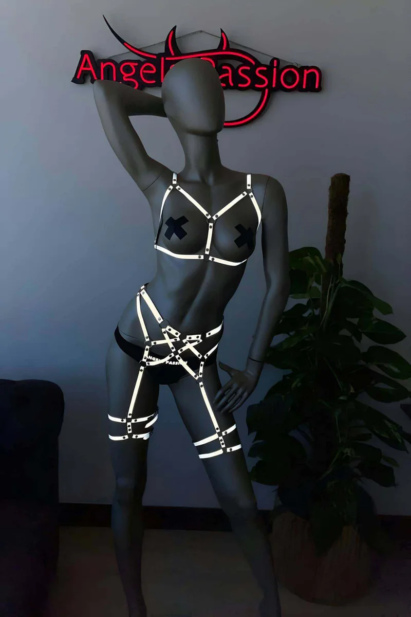 Festival Harness Outfit Flat Lay with Reflective Panels in Silver and Black Lingerie Set on Mannequin