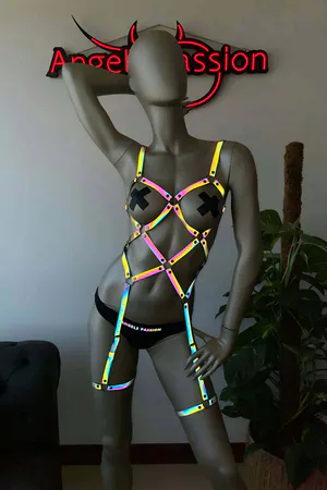 Iridescent Reflective Full Body Harness Women Rainbow Crisscross Straps Adjustable