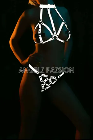 Reflective halter neck body harness set on model