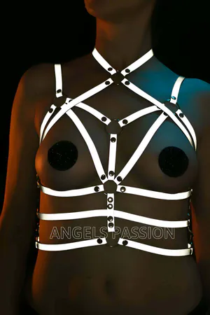 Reflective vegan leather body harness with O-rings and adjustable straps