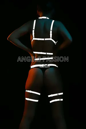 White reflective full body harness with O-ring and leg straps