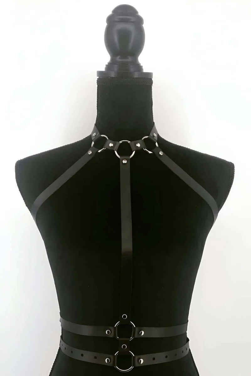Festival Black Faux Leather Body Harness with Silver O-Rings