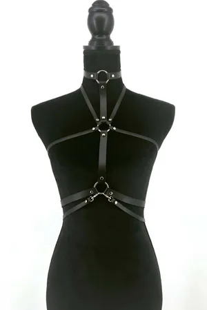 Black Faux Leather Adjustable Chest Harness with O-Rings