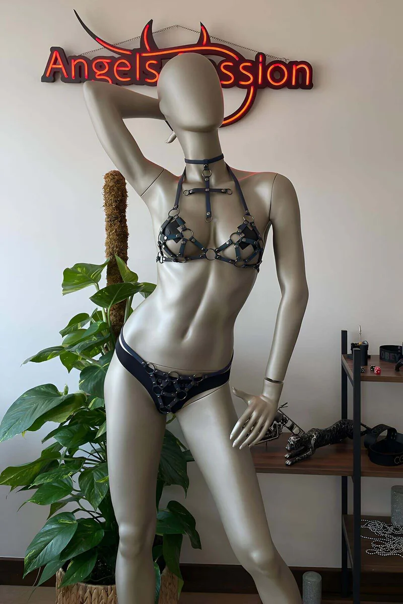 Black geometric light-up harness bra set adjustable strap detail visible