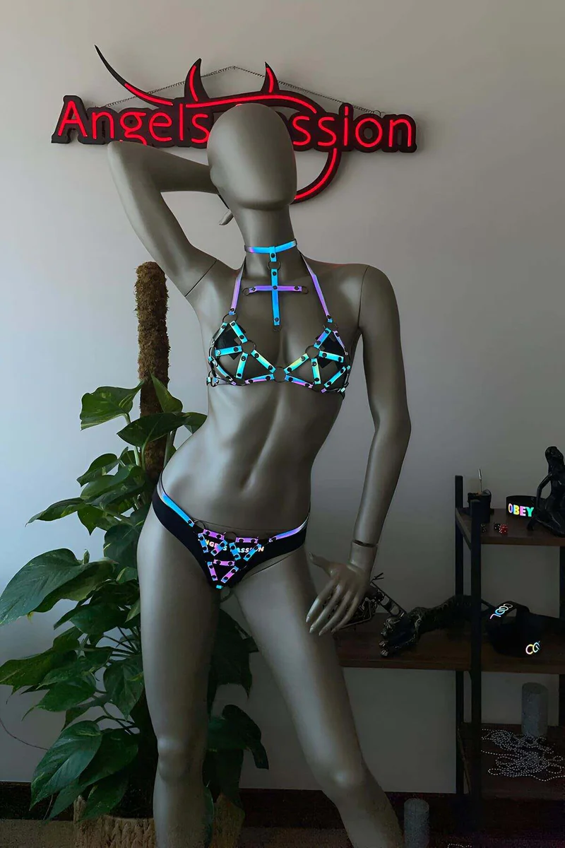 Iridescent geometric light-up harness bra set with matching bottoms