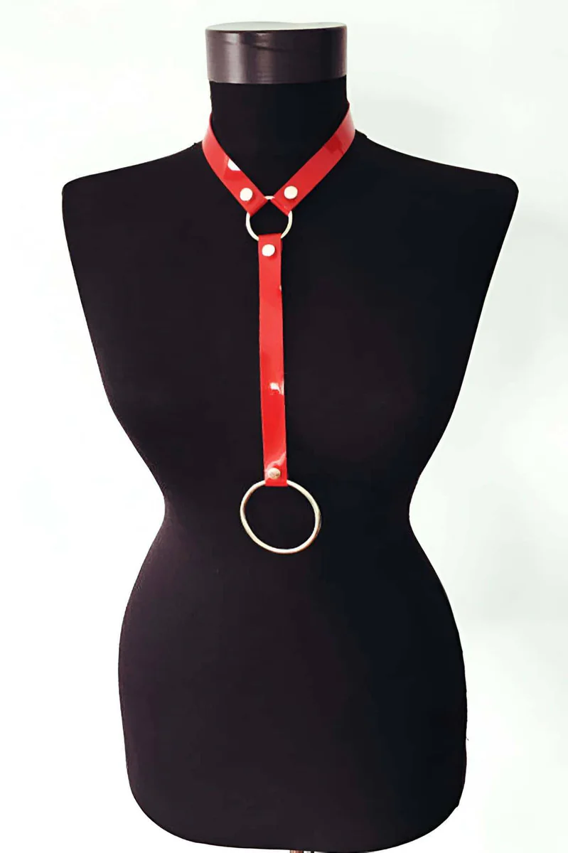 Red Patent Choker Harness O-Ring Detail Faux Leather