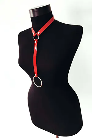 Red Patent Choker Harness O-Ring Detail Faux Leather