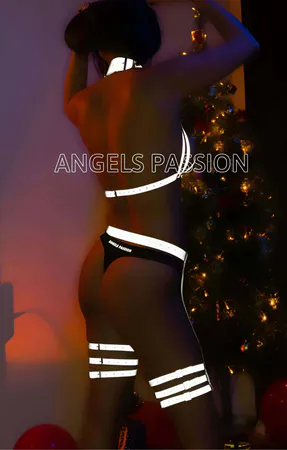 Silver reflective halter harness and garter set on model