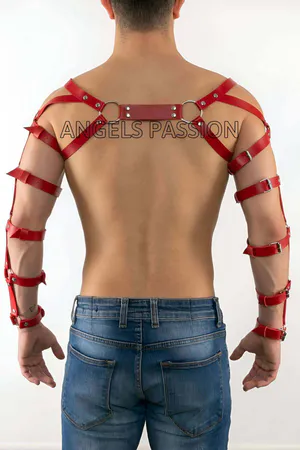Red Faux Leather Full Arm and Chest Harness Adjustable Straps