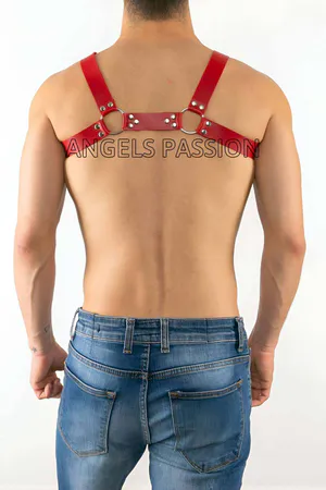 Red Faux Leather Body Harness with Silver Studs and O-Rings