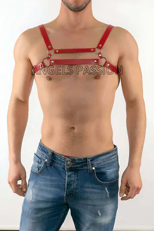 Red Faux Leather Chest Harness Men Adjustable Straps O-Rings