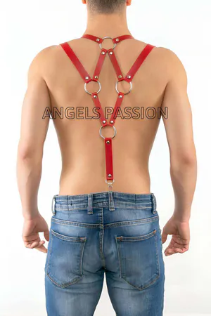 Red Faux Leather Men's Suspender Harness with Silver O-Ring Hardware