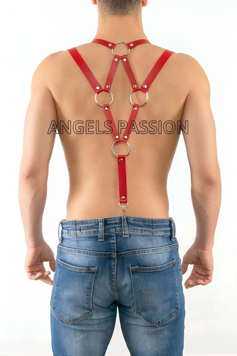 Men's Faux Leather Harness Back View Metal Buckle Detail