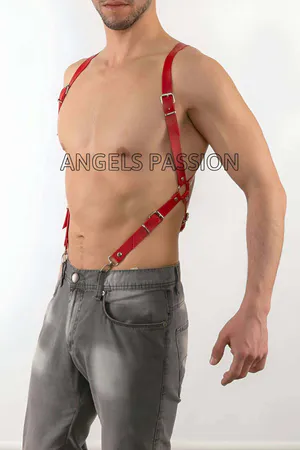 Red Faux Leather Back Body Harness for Women with Silver O-Ring and Adjustable Straps