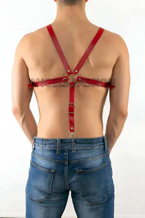 Red Vegan Leather Y-Back Body Harness for Men Front View