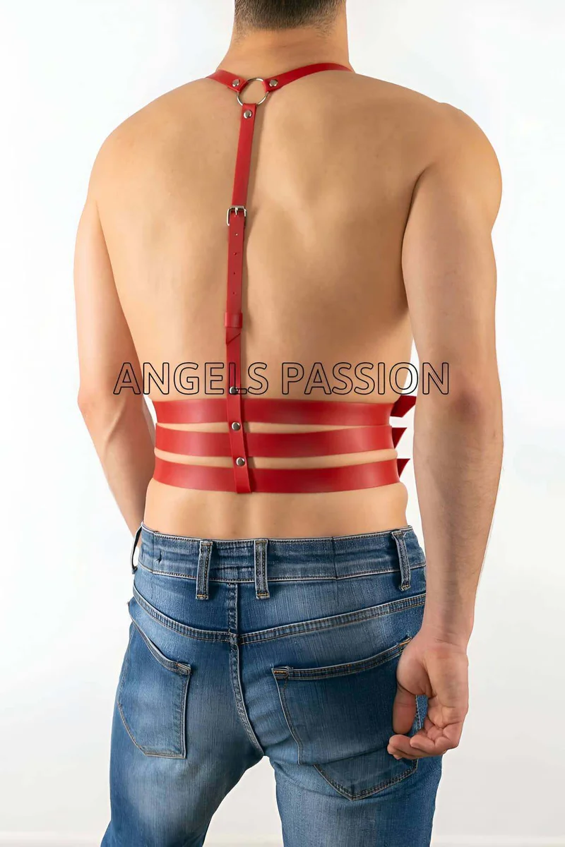 Faux Leather Body Harness Side View Red