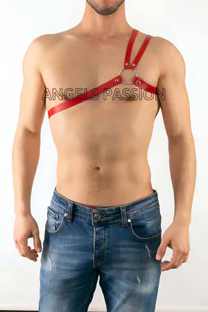 Red Vegan Leather Asymmetric Chest Harness with Silver O-Ring on Model