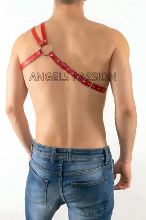 Red Vegan Leather Asymmetric Chest Harness with Silver O-Ring on Model