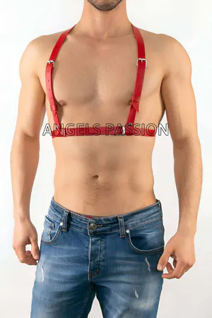 Red faux leather chest harness with adjustable straps and silver buckle